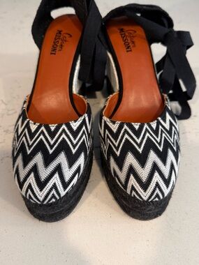 Missoni Black & White Zigzag Espadrille Wedges with Ankle Ties